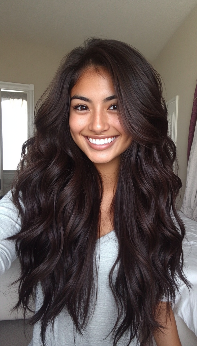 26. Dark Chocolate Waves with Caramel Tips (Long Wavy Haircuts) - Long Wavy Haircuts