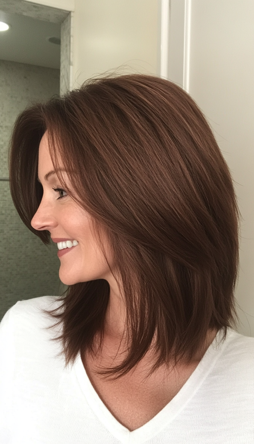 1. The Classic Textured Lob in Chestnut Brown (Medium Length Hairstyles For Women Over 40) - Medium Length Hairstyles For Women Over 40