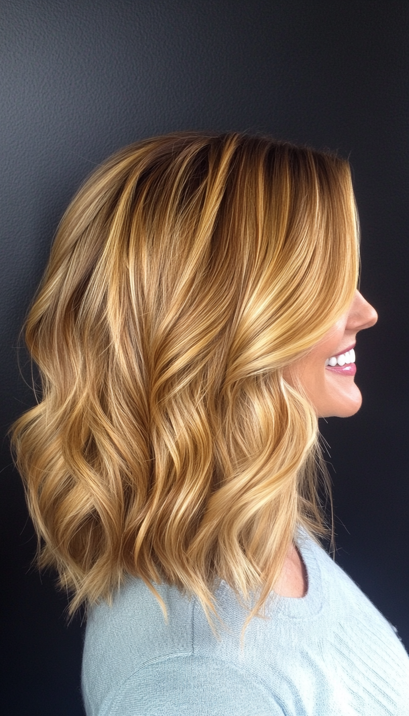 3. Soft Waves with Golden Highlights (Medium Length Hairstyles For Women Over 40) - Medium Length Hairstyles For Women Over 40