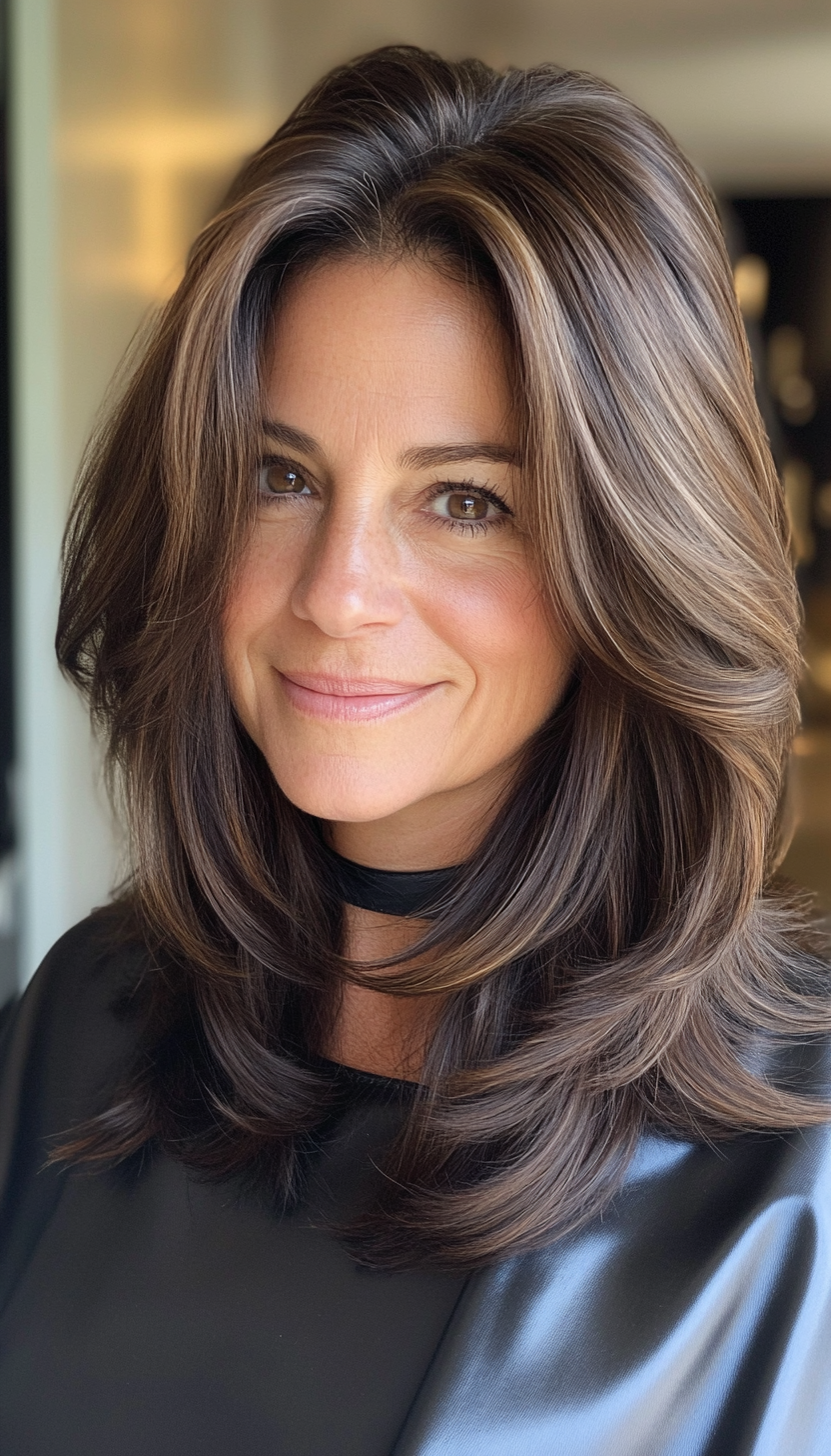 4. Face-Framing Layers in Dark Chocolate Brown (Medium Length Hairstyles For Women Over 40) - Medium Length Hairstyles For Women Over 40