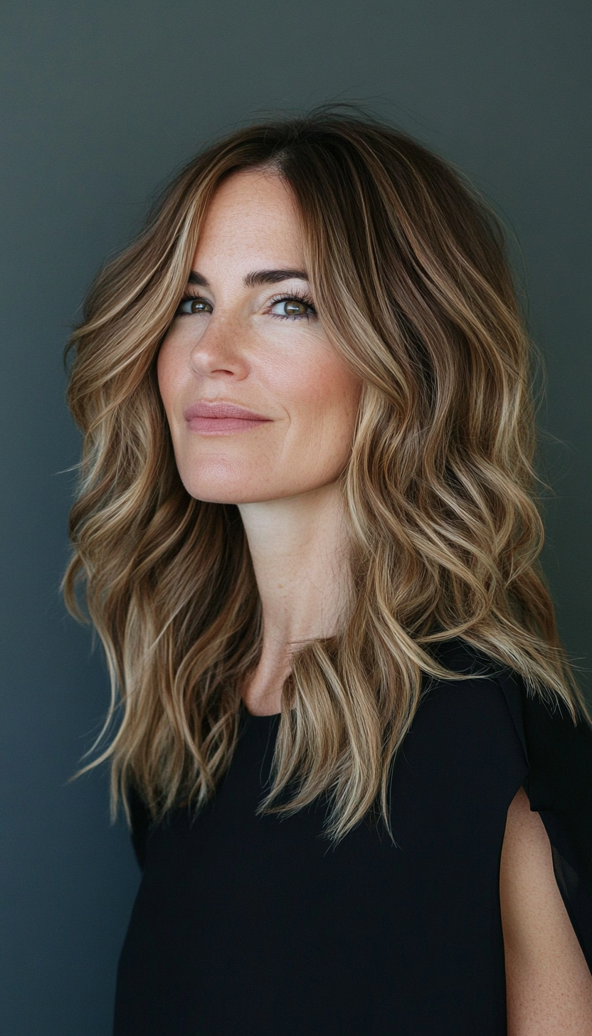 6. Tousled Waves with Honey Balayage (Medium Length Hairstyles For Women Over 40) - Medium Length Hairstyles For Women Over 40