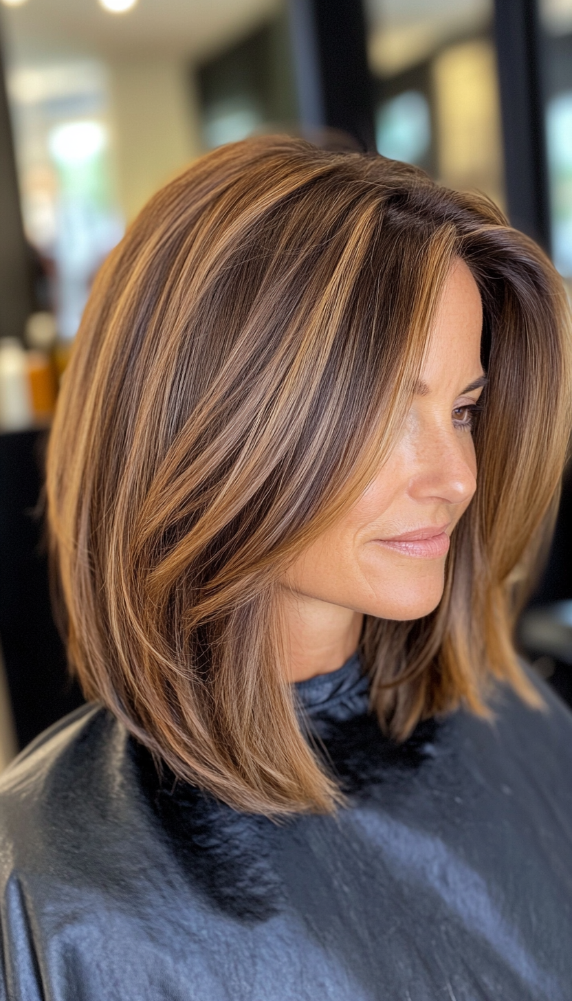 8. Sleek Lob with Caramel Highlights (Medium Length Hairstyles For Women Over 40) - Medium Length Hairstyles For Women Over 40