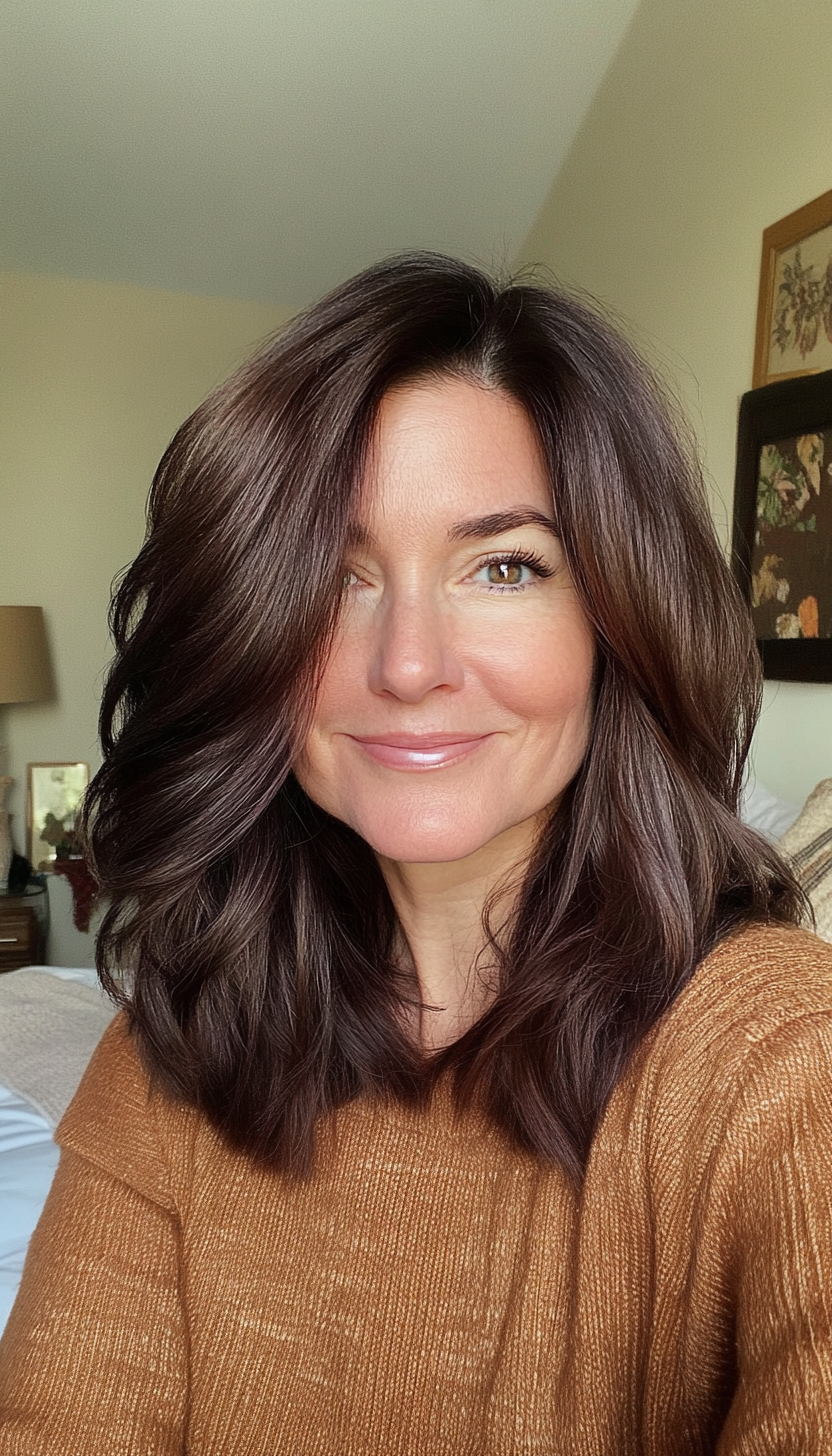 9. Feathered Ends in Warm Mahogany (Medium Length Hairstyles For Women Over 40) - Medium Length Hairstyles For Women Over 40