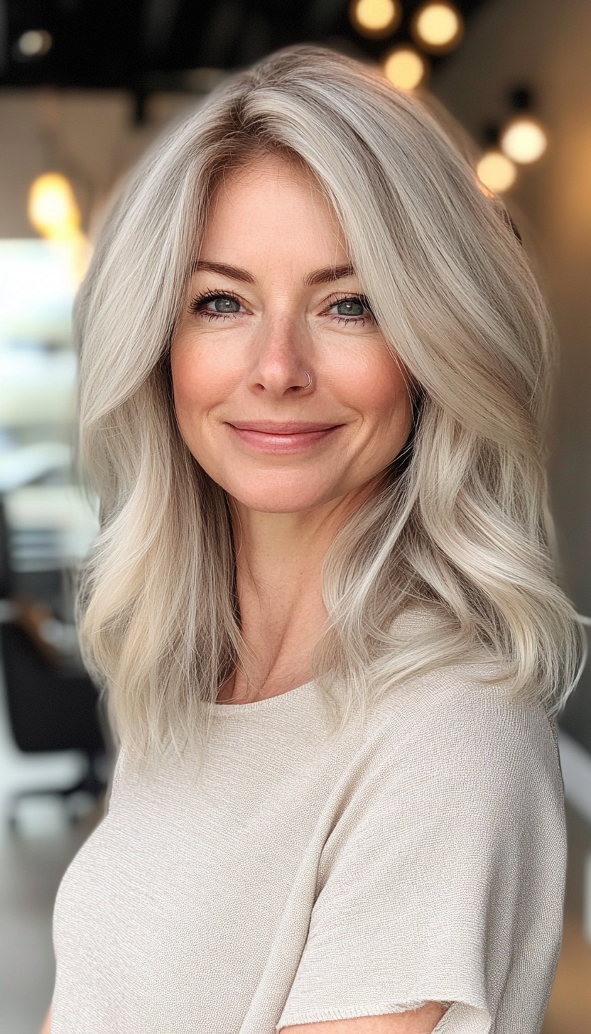 13. Flipped Ends with Light Ash Blonde (Medium Length Hairstyles For Women Over 40) - Medium Length Hairstyles For Women Over 40