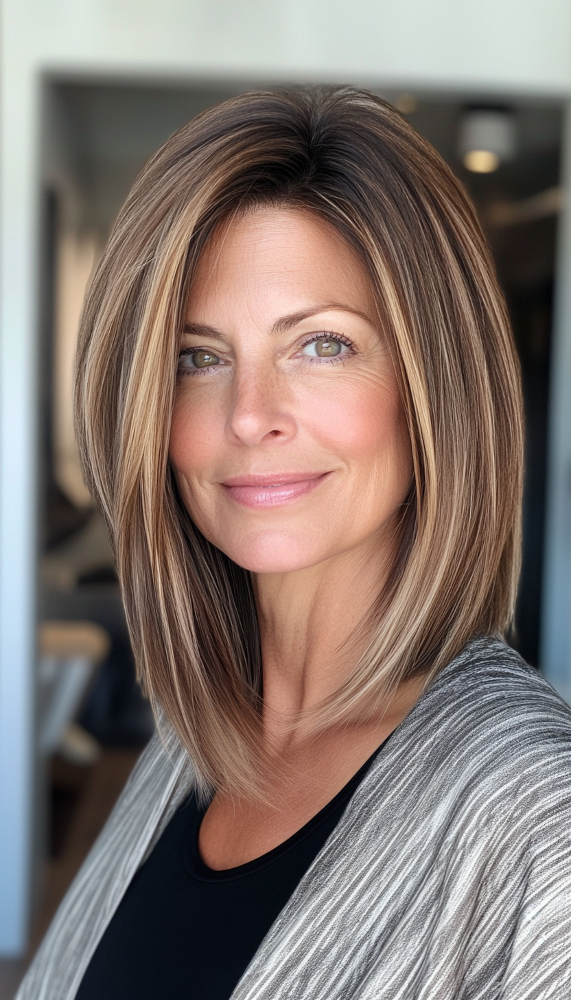 15. Straight Lob with Cinnamon Highlights (Medium Length Hairstyles For Women Over 40) - Medium Length Hairstyles For Women Over 40
