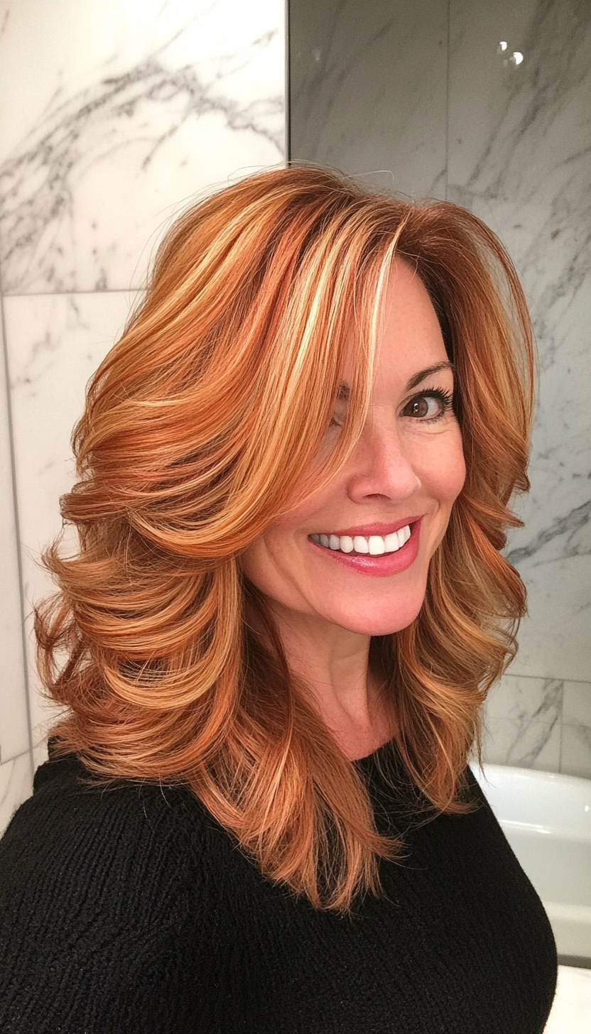 16. Layered Midi with Copper Highlights (Medium Length Hairstyles For Women Over 40) - Medium Length Hairstyles For Women Over 40
