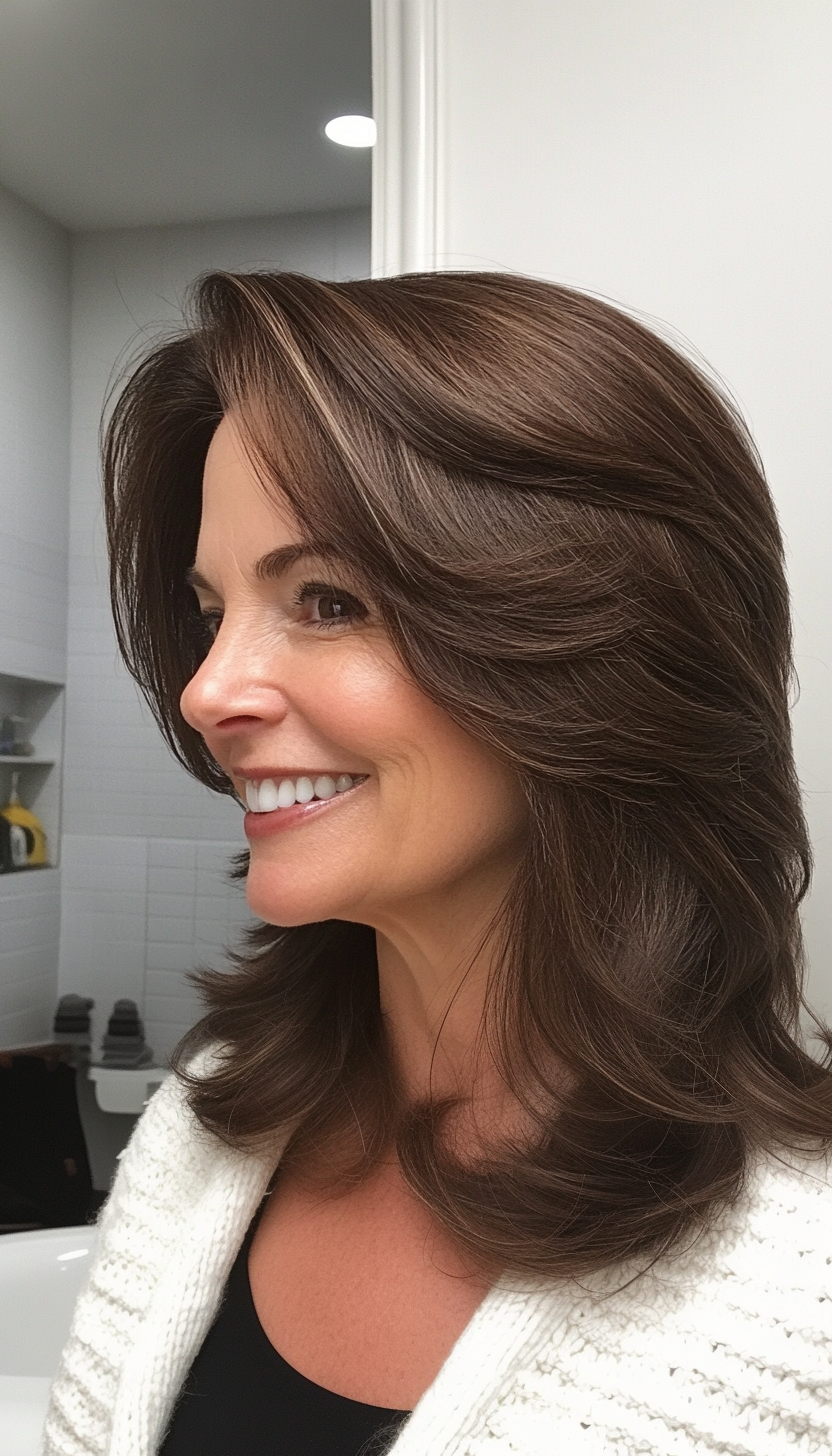 17. Side-Swept Layers in Dark Walnut (Medium Length Hairstyles For Women Over 40) - Medium Length Hairstyles For Women Over 40