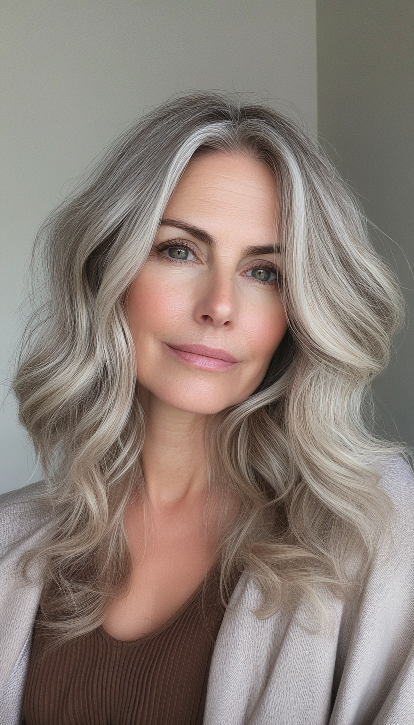 18. Wavy Lob in Cool Taupe Blonde (Medium Length Hairstyles For Women Over 40) - Medium Length Hairstyles For Women Over 40