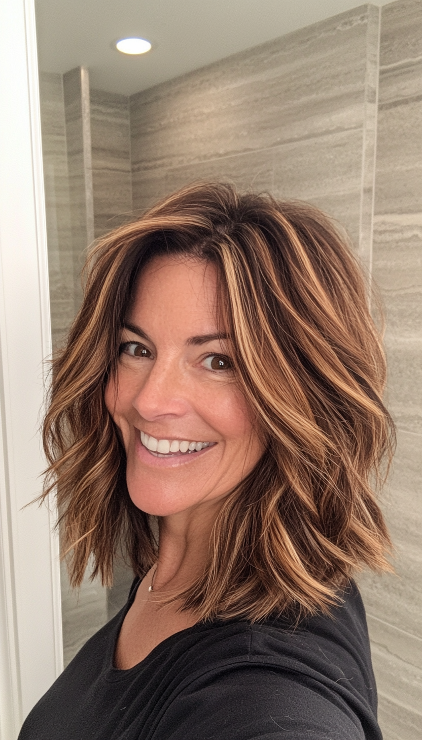 19. Shaggy Lob with Chestnut Balayage (Medium Length Hairstyles For Women Over 40) - Medium Length Hairstyles For Women Over 40