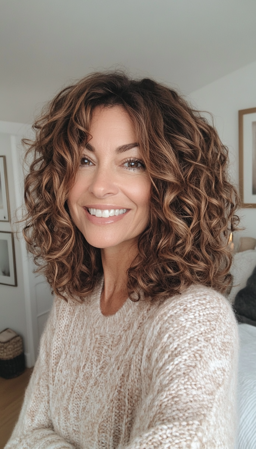 21. Curly Lob with Soft Mocha Tones (Medium Length Hairstyles For Women Over 40) - Medium Length Hairstyles For Women Over 40