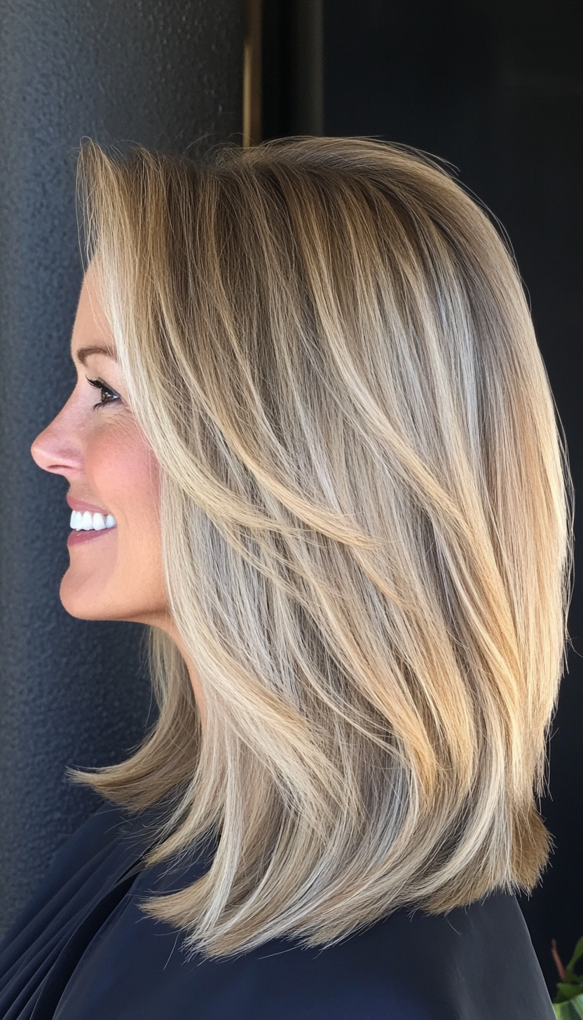 22. Straight Layers with Ash Blonde Balayage (Medium Length Hairstyles For Women Over 40) - Medium Length Hairstyles For Women Over 40