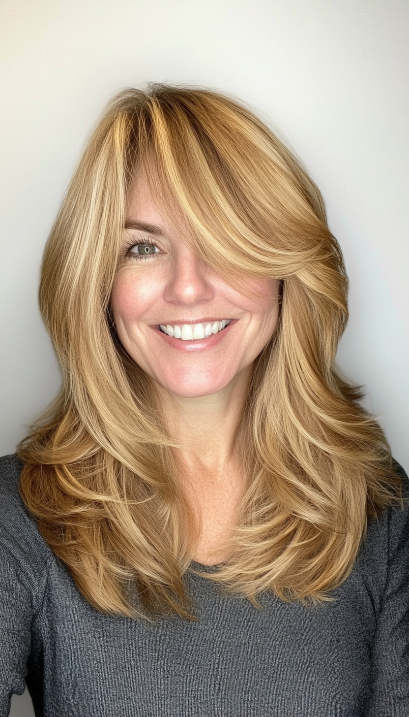 24. Fringe Layers with Medium Golden Blonde (Medium Length Hairstyles For Women Over 40) - Medium Length Hairstyles For Women Over 40