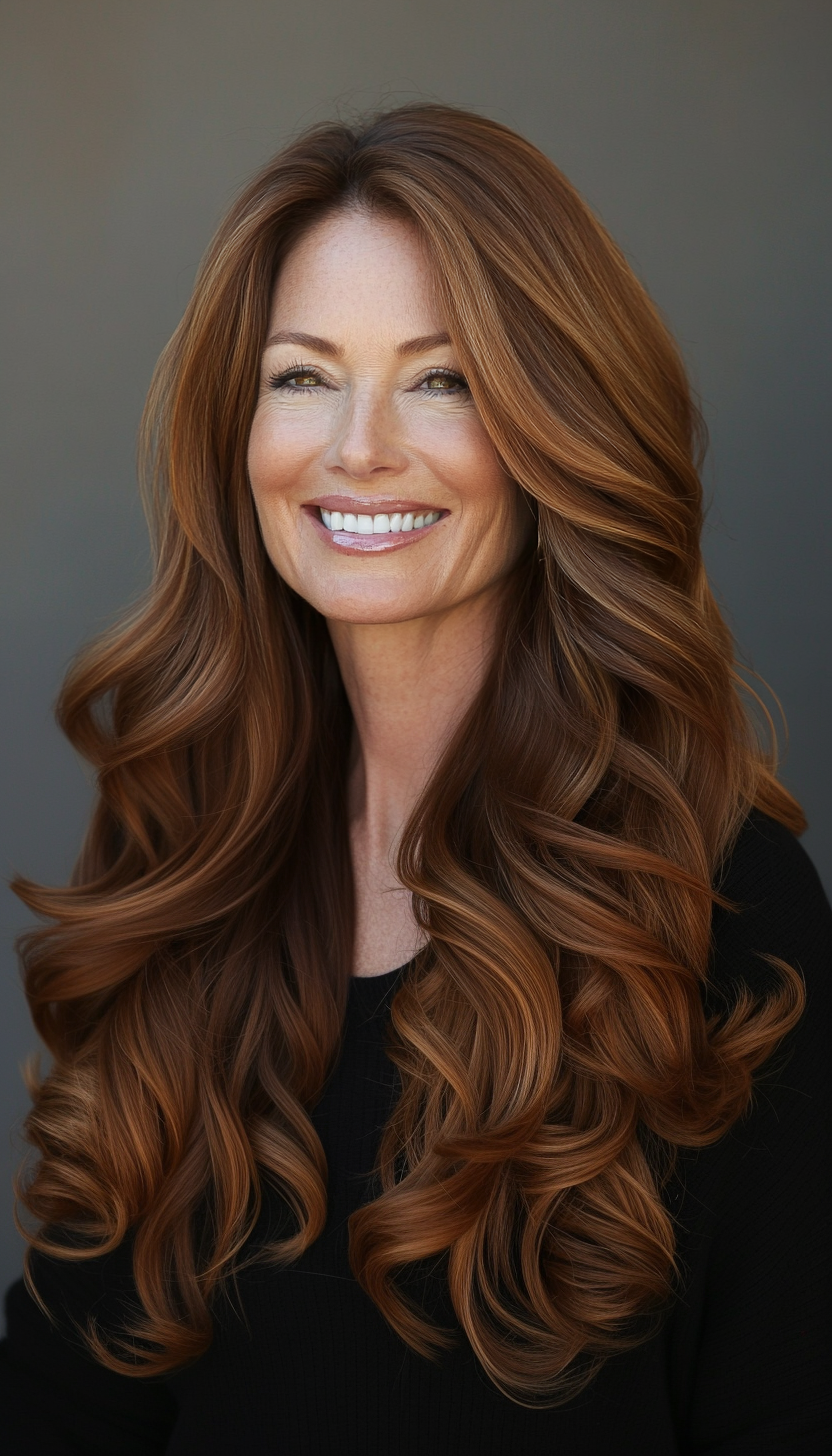 25. Cascading Waves in Dark Caramel Brown (Medium Length Hairstyles For Women Over 40) - Medium Length Hairstyles For Women Over 40