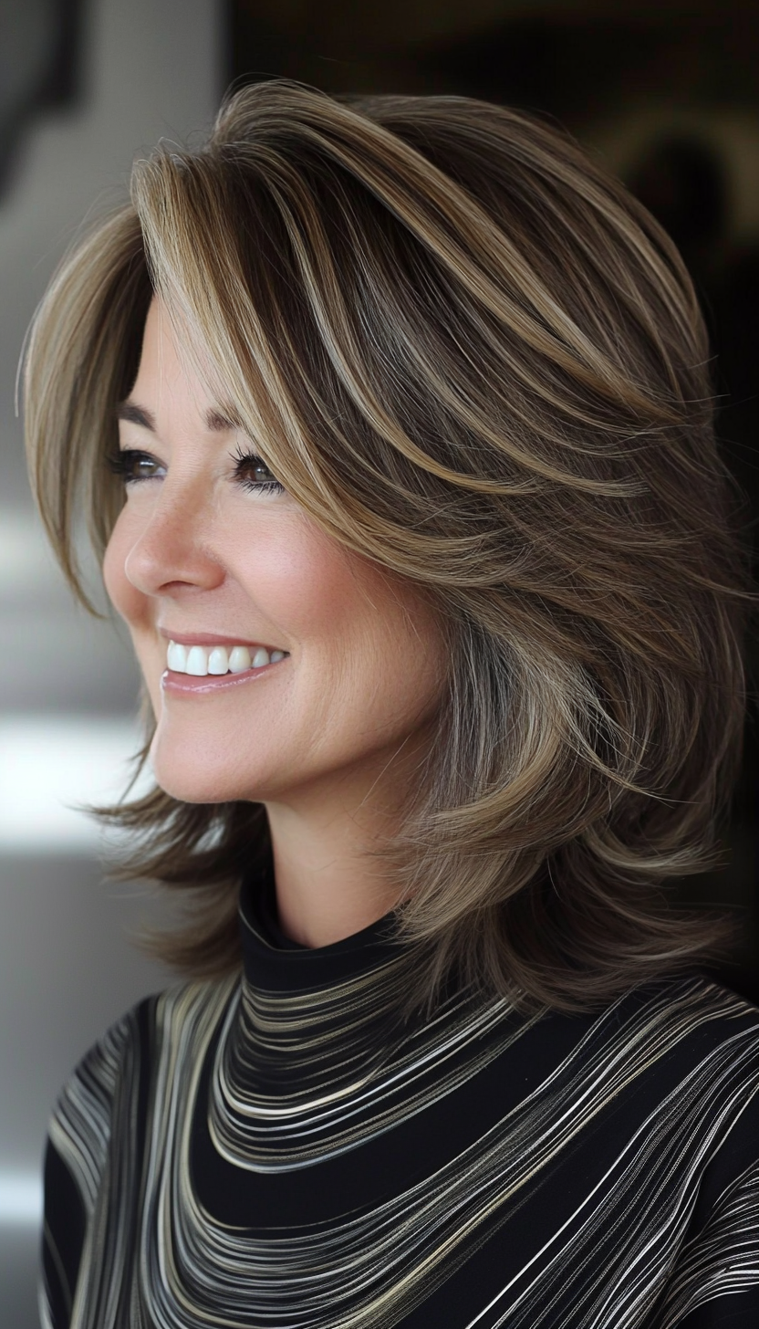 26. Layered Bob with Subtle Ash Highlights (Medium Length Hairstyles For Women Over 40) - Medium Length Hairstyles For Women Over 40