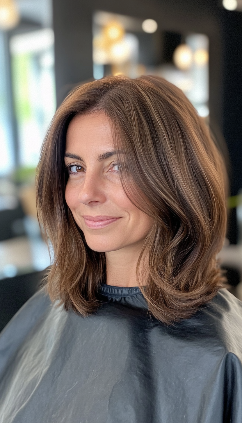 27. Polished Lob in Neutral Medium Brown (Medium Length Hairstyles For Women Over 40) - Medium Length Hairstyles For Women Over 40
