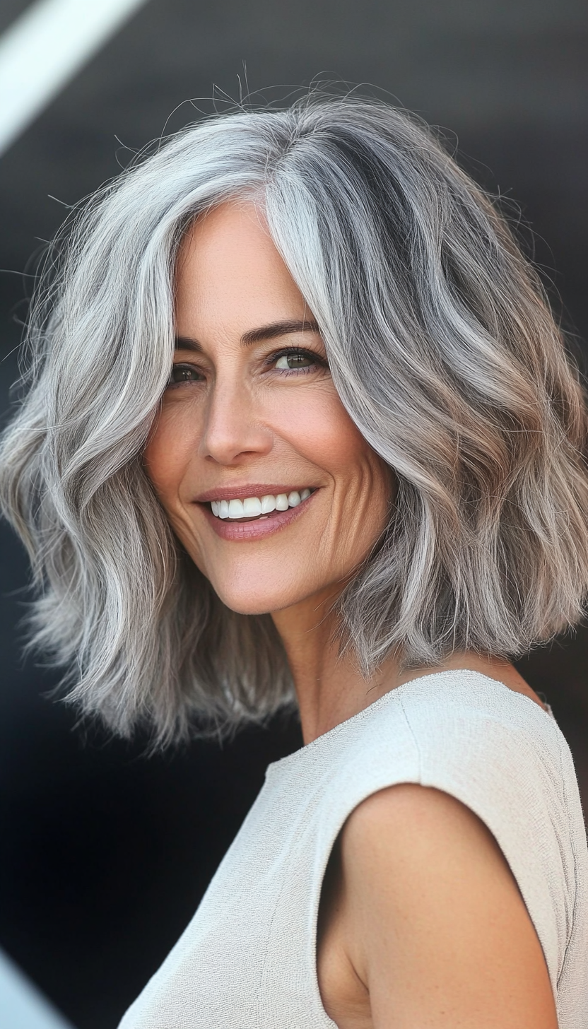 6. Salt-and-Pepper Tousled Bob (Bob Hairstyles For Women Over 40) - Bob Hairstyles For Women Over 40