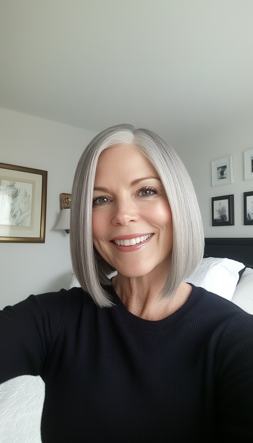 10. Natural Gray Straight Bob (Bob Hairstyles For Women Over 40) - Bob Hairstyles For Women Over 40