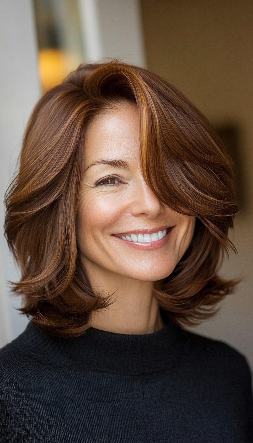 15. Chestnut Brown Feathered Bob (Bob Hairstyles For Women Over 40) - Bob Hairstyles For Women Over 40