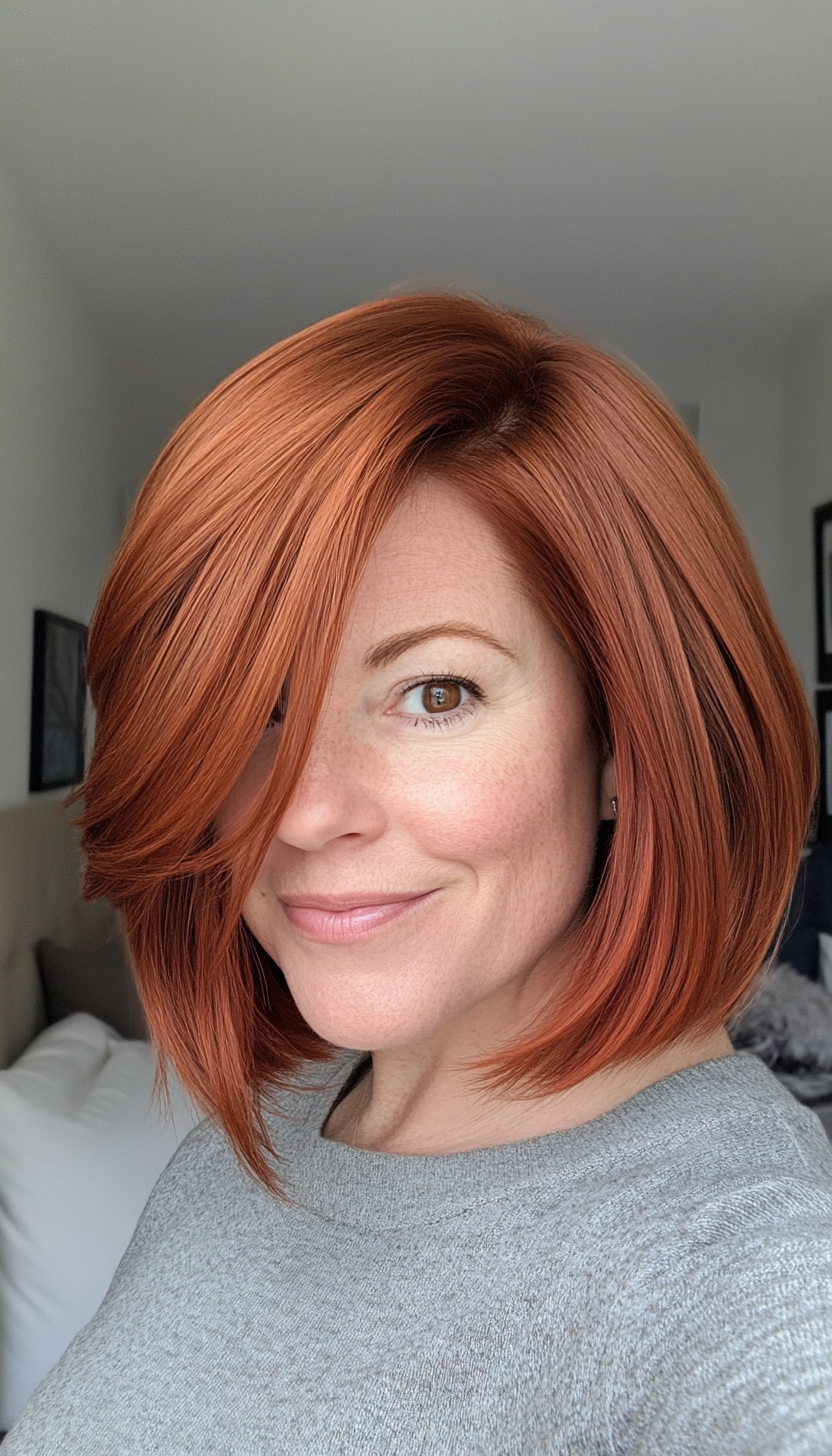 19. Copper Red Bob with Side Bangs (Bob Hairstyles For Women Over 40) - Bob Hairstyles For Women Over 40