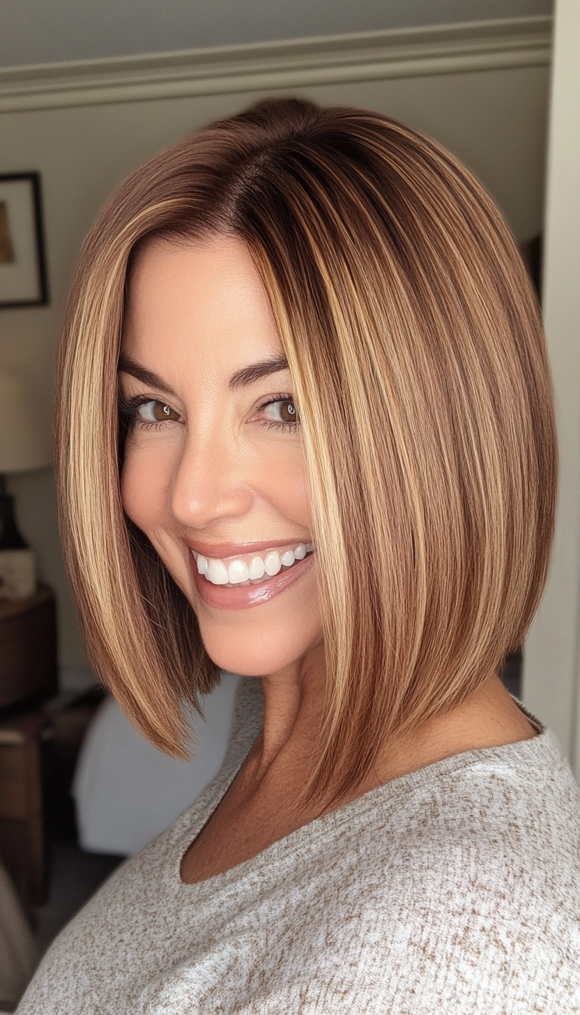 22. Golden Brown Bob with Highlights (Bob Hairstyles For Women Over 40) - Bob Hairstyles For Women Over 40