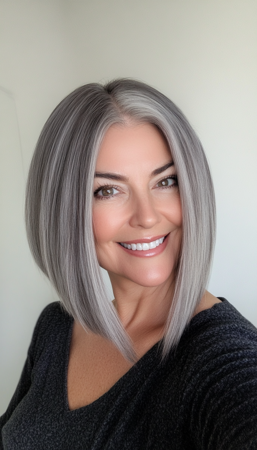 23. Ash Gray Asymmetrical Bob (Bob Hairstyles For Women Over 40) - Bob Hairstyles For Women Over 40