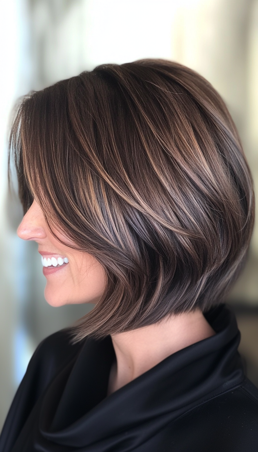 24. Warm Chocolate Layered Bob (Bob Hairstyles For Women Over 40) - Bob Hairstyles For Women Over 40