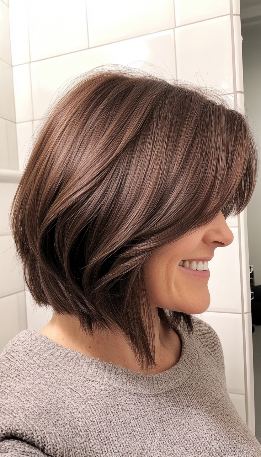 27. Muted Brown Long Bob with Bangs (Bob Hairstyles For Women Over 40) - Bob Hairstyles For Women Over 40