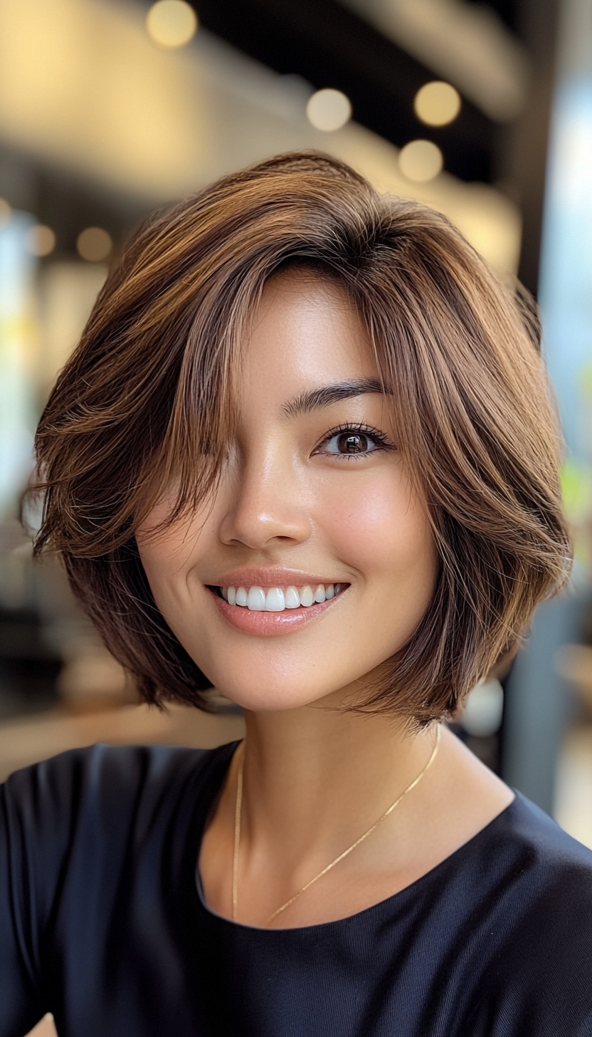 2. Layered Bob with Chocolate Tones (Layered Haircuts For Short Hair) - Layered Haircuts For Short Hair
