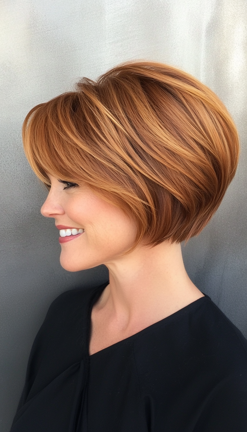 19. Modern Bowl Cut in Golden Auburn (Layered Haircuts For Short Hair) - Layered Haircuts For Short Hair