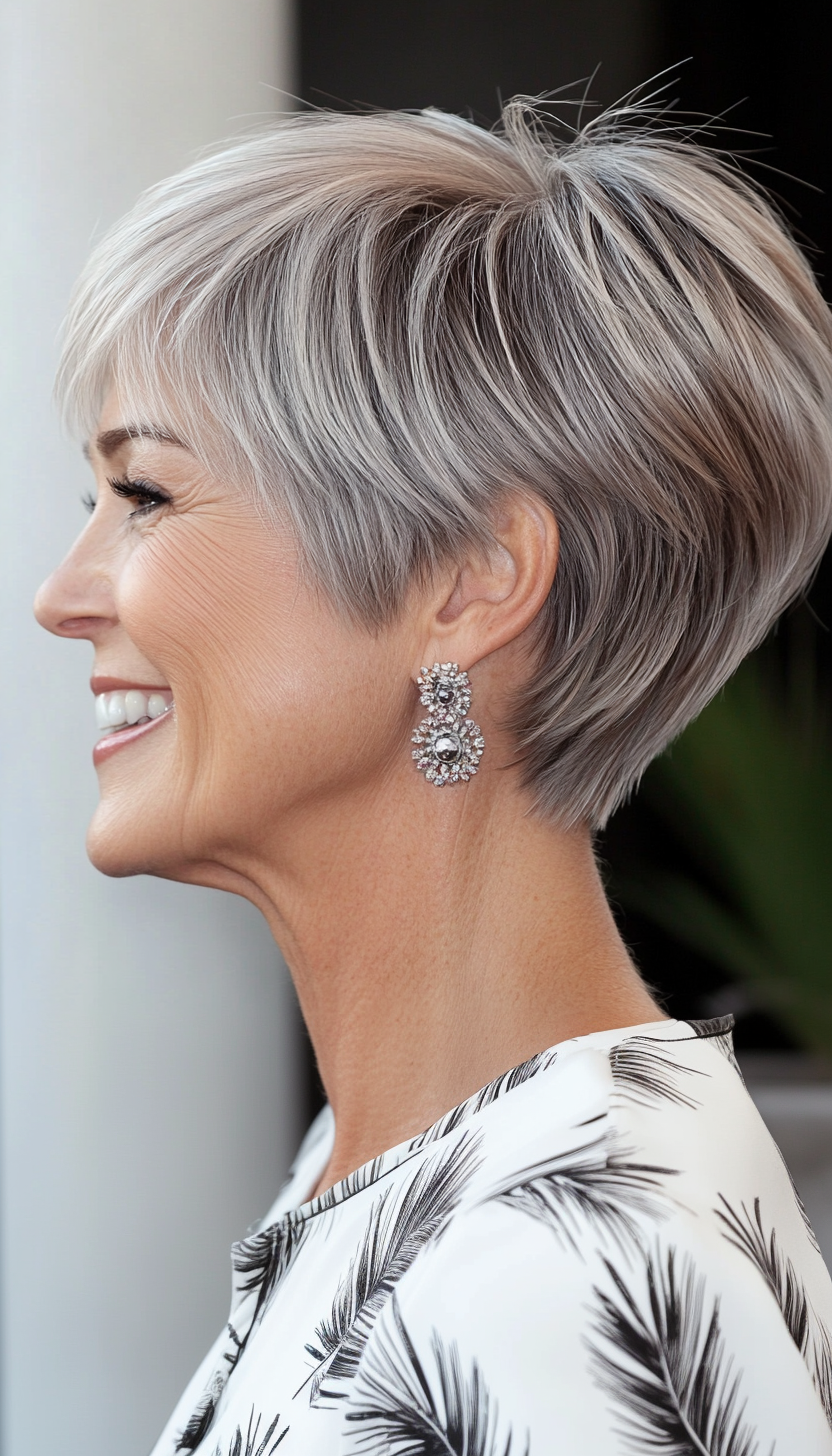 3. Salt-and-Pepper Feathered Layers (Short Haircuts For Women Over 60) - Short Haircuts For Women Over 60
