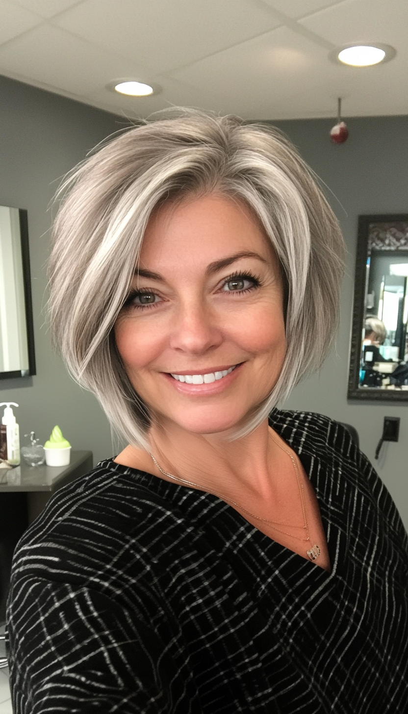 13. Light Gray Asymmetrical Bob (Short Haircuts For Women Over 60) - Short Haircuts For Women Over 60