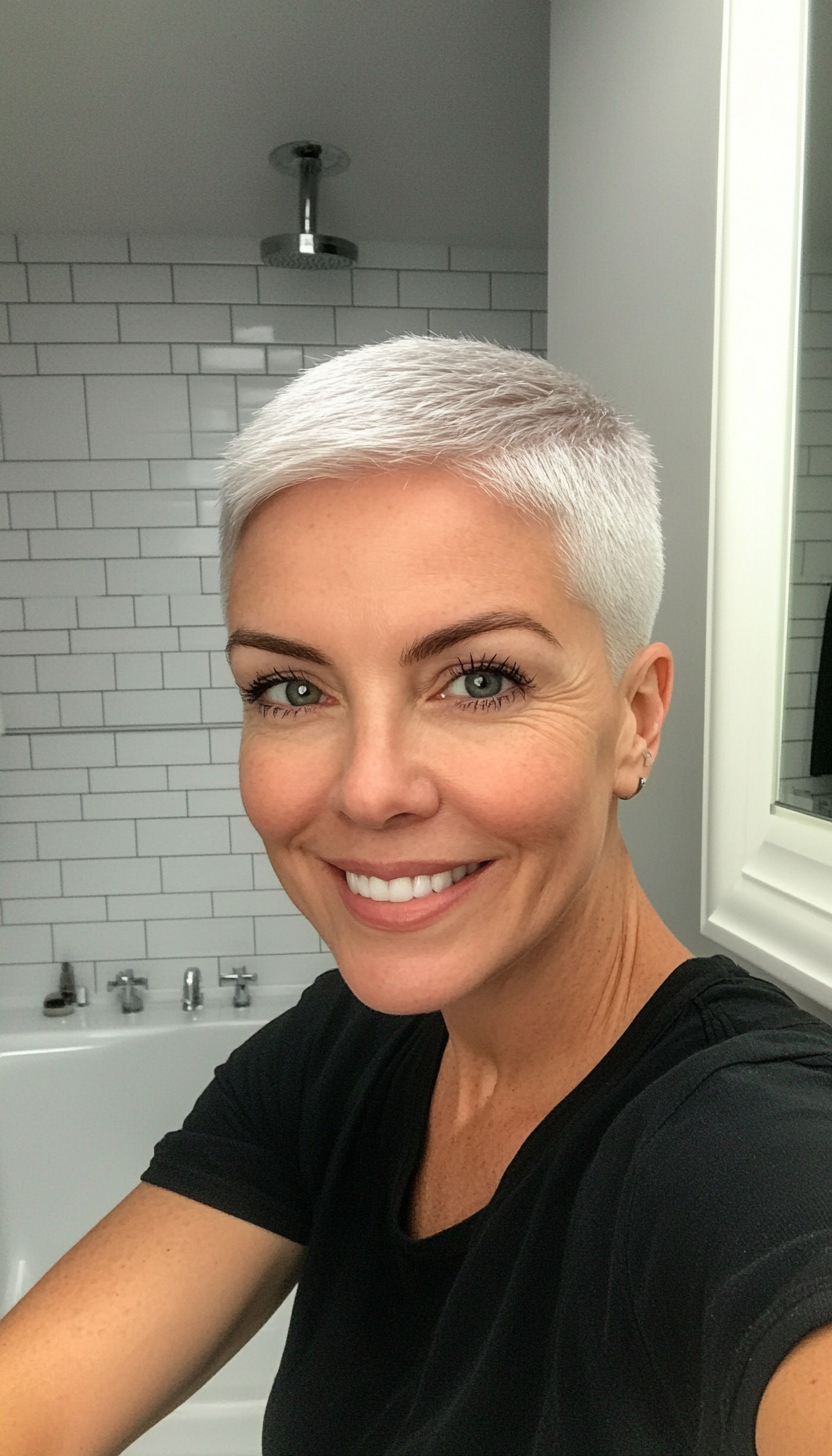 15. Silvery Platinum Buzz Cut (Short Haircuts For Women Over 60) - Short Haircuts For Women Over 60