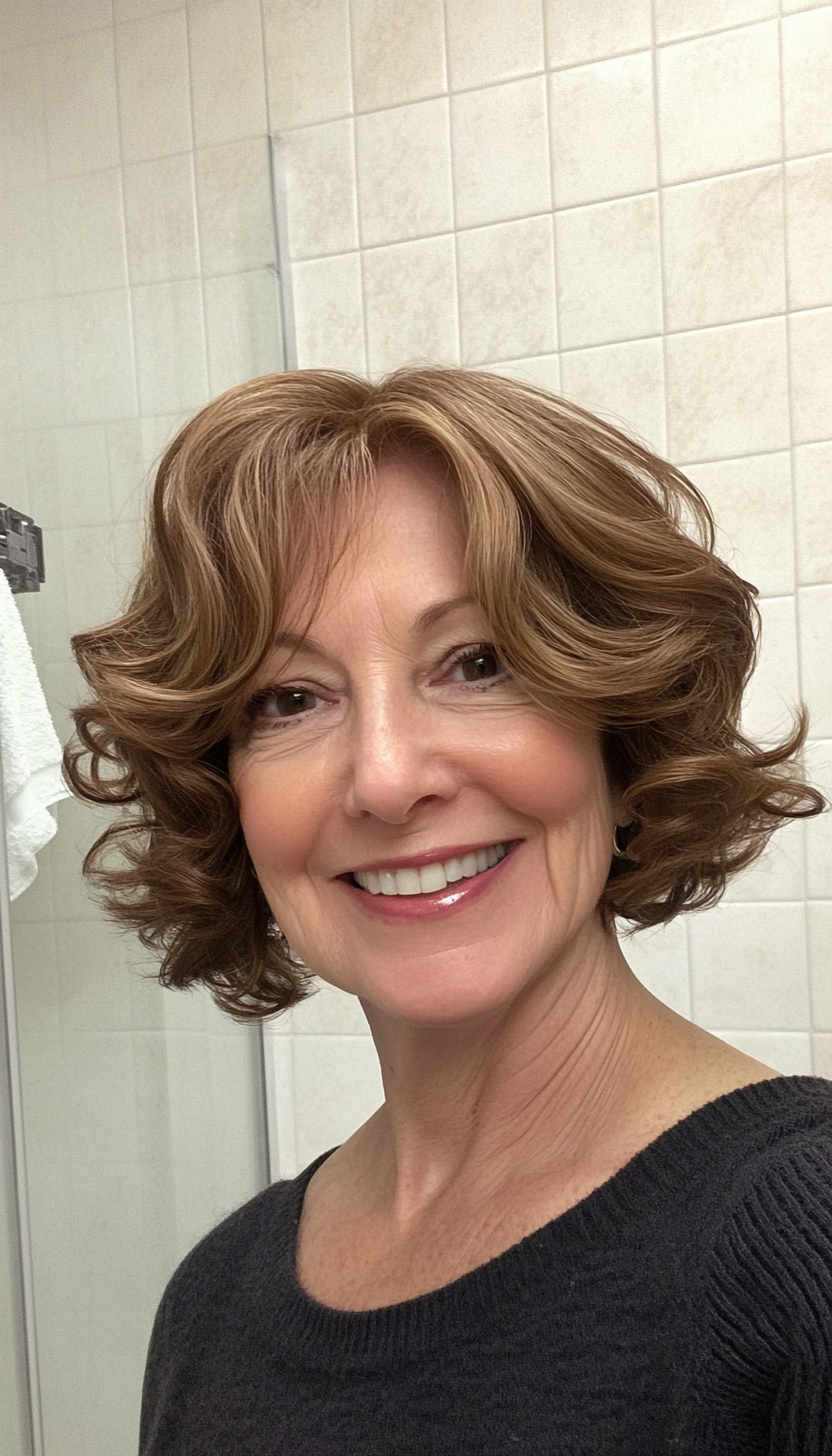 18. Warm Brown Curled Bob (Short Haircuts For Women Over 60) - Short Haircuts For Women Over 60