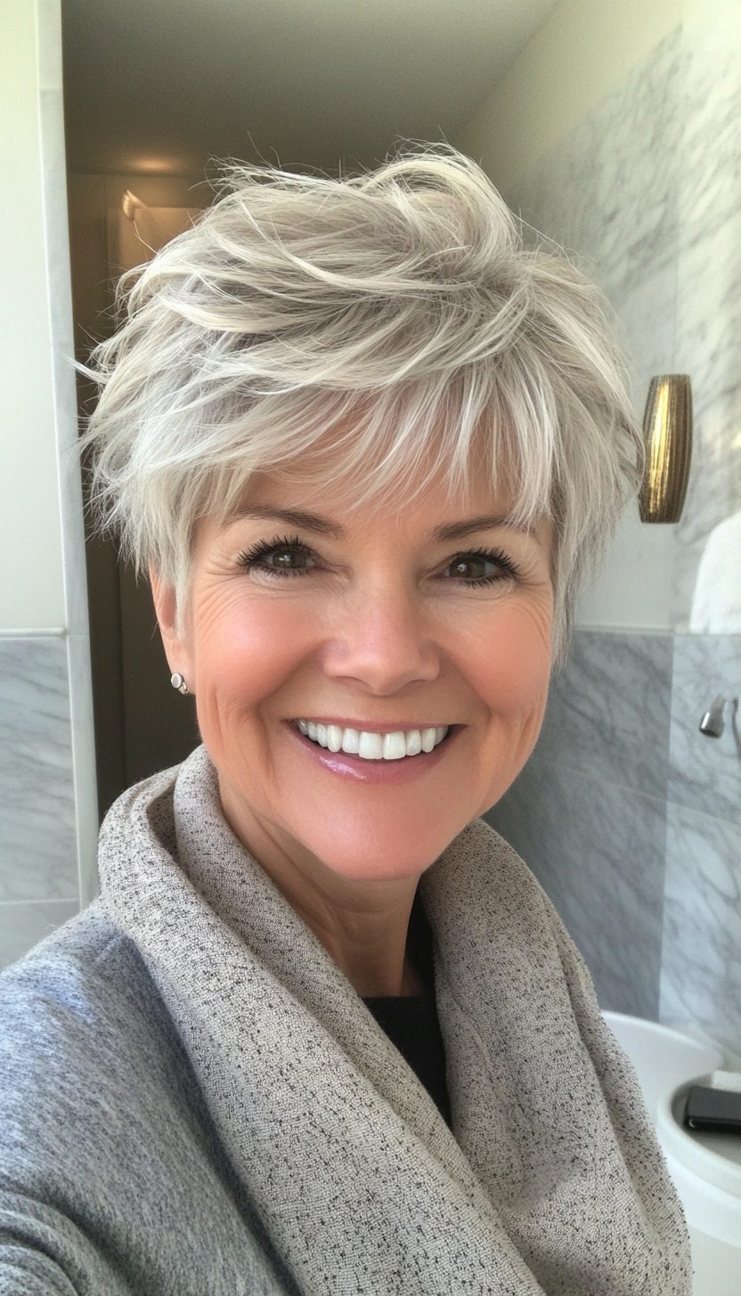 23. Salt-and-Pepper Tousled Layers (Short Haircuts For Women Over 60) - Short Haircuts For Women Over 60
