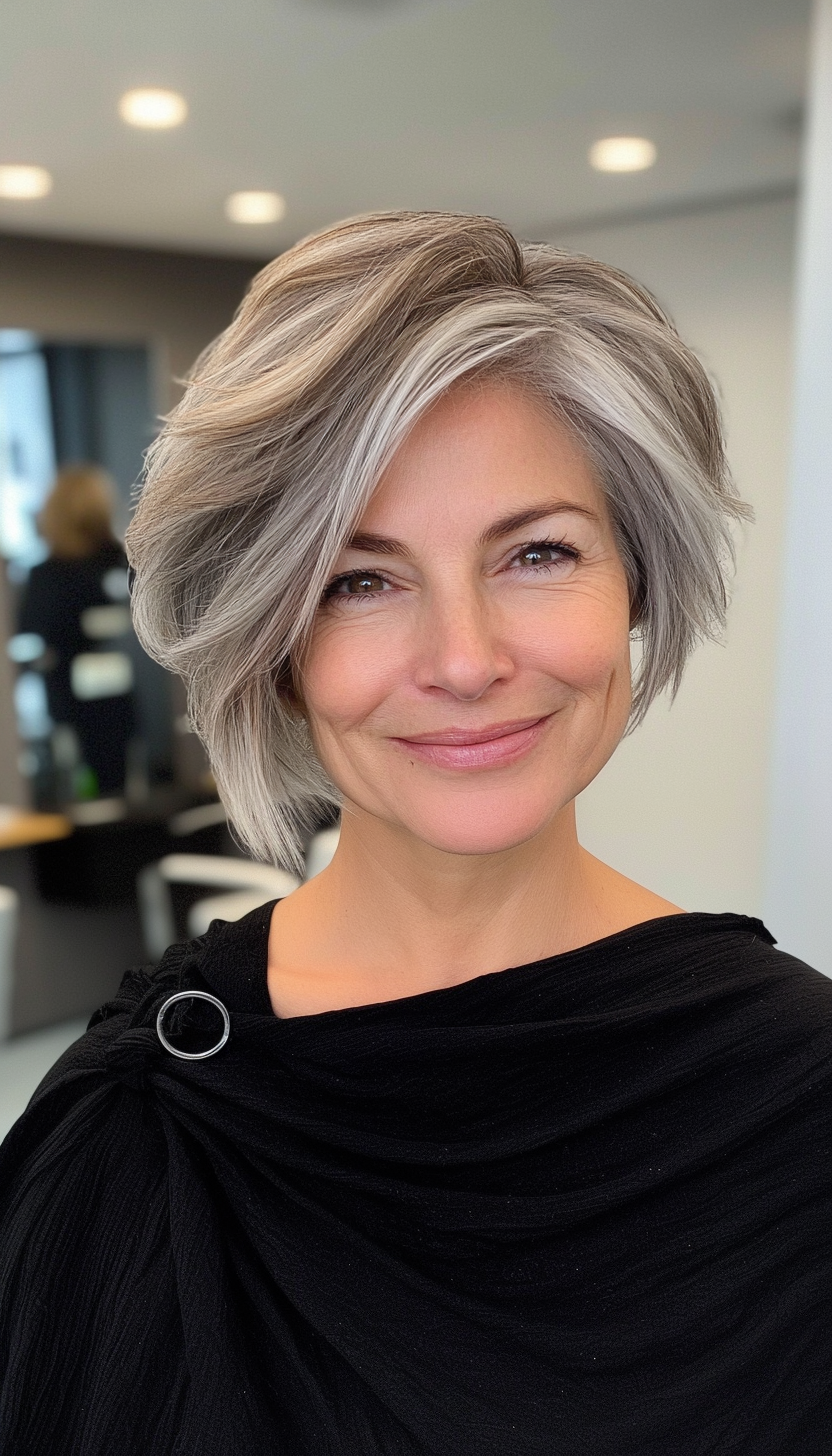 1. Soft Layered Bob in Salt-and-Pepper Gray (Short Haircuts For Women Over 50) - Short Haircuts For Women Over 50