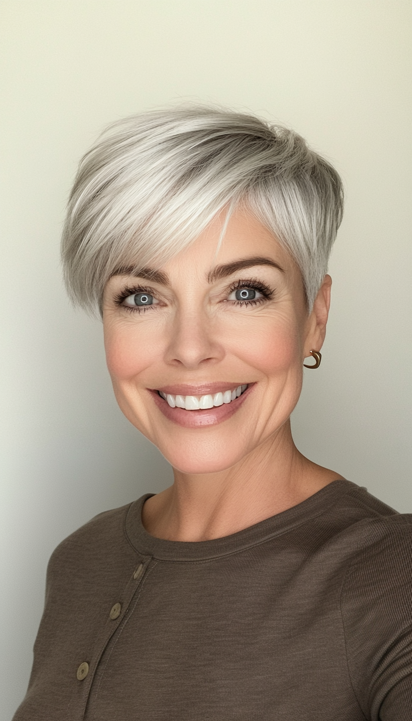 3. Pixie Cut with Long Bangs in Silver Blonde (Short Haircuts For Women Over 50) - Short Haircuts For Women Over 50