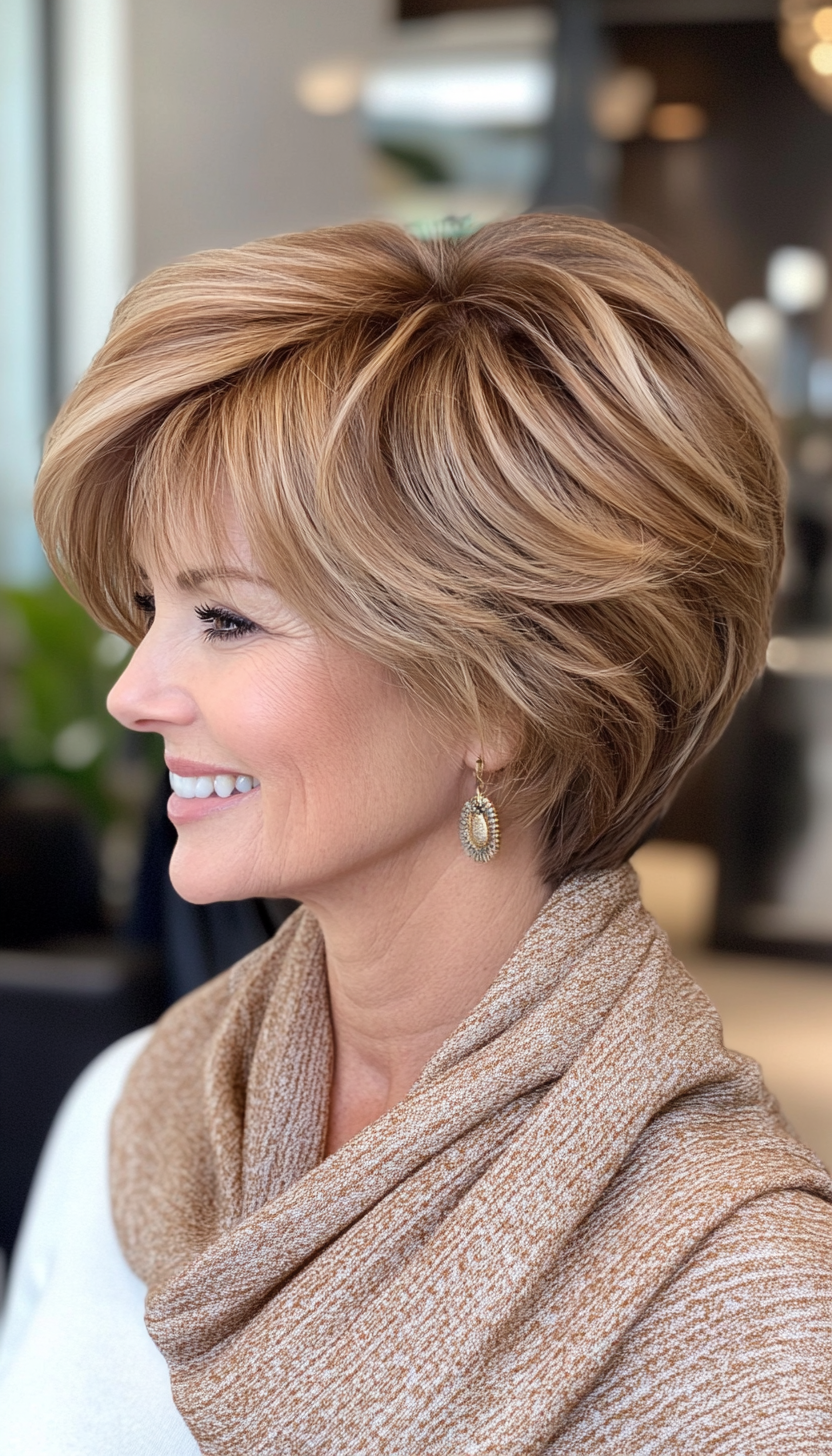 12. Short Layered Cut in Warm Caramel (Short Haircuts For Women Over 50) - Short Haircuts For Women Over 50