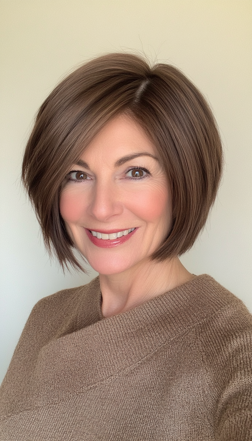 14. Asymmetrical Bob in Cocoa Brown (Short Haircuts For Women Over 50) - Short Haircuts For Women Over 50