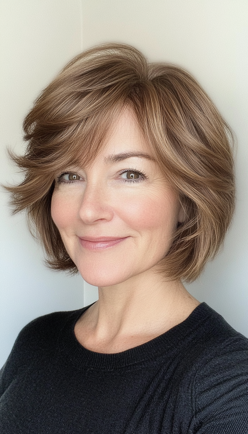 18. Layered Cut with Bangs in Chestnut Brown (Short Haircuts For Women Over 50) - Short Haircuts For Women Over 50
