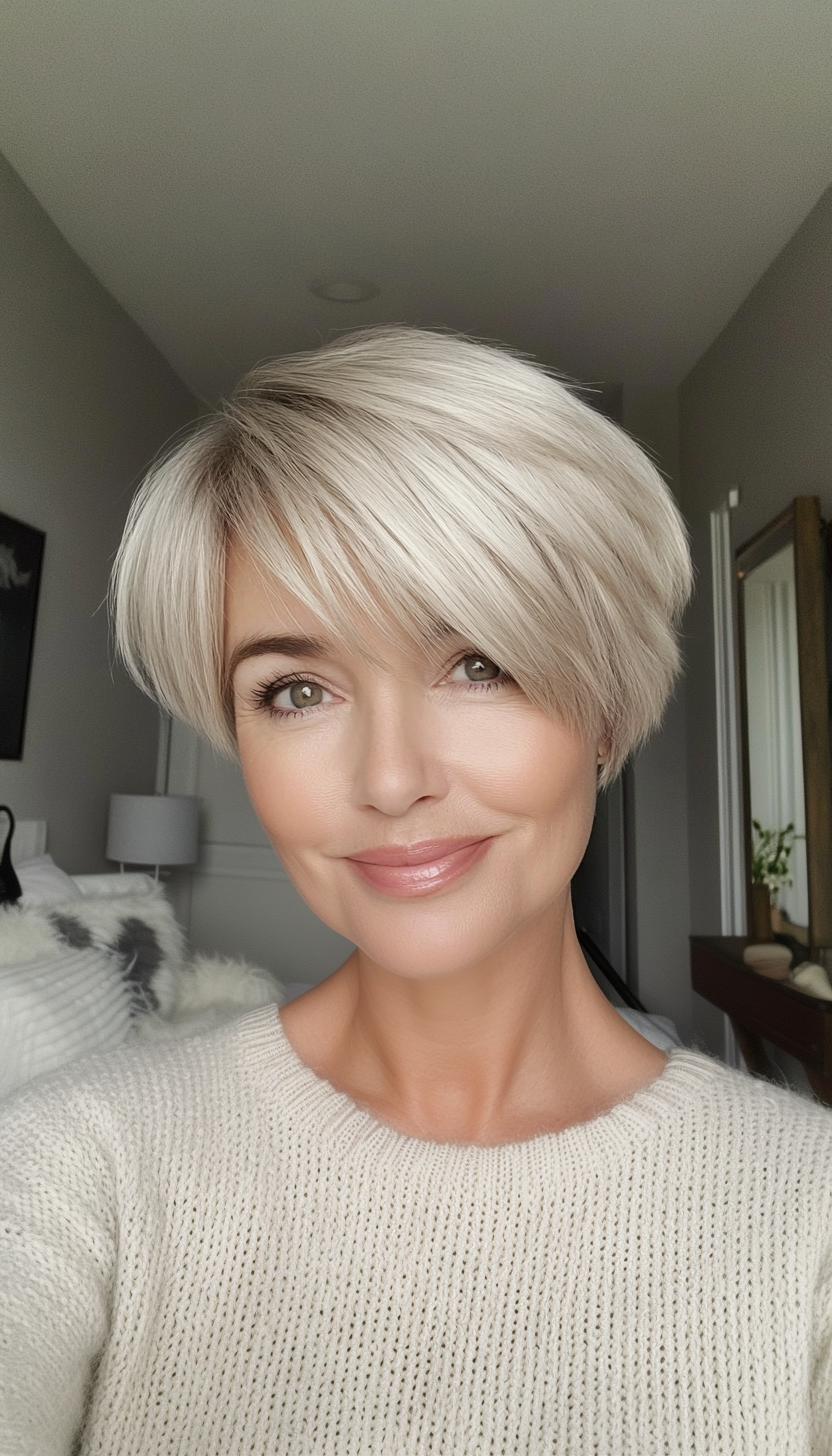 20. Side-Swept Crop in Ash Blonde (Short Haircuts For Women Over 50) - Short Haircuts For Women Over 50