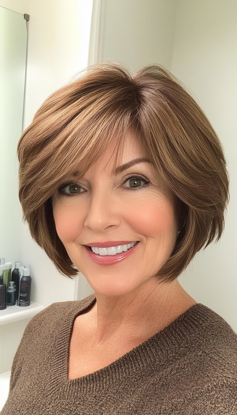 1. Soft Feathered Layers in Warm Brown (Short Layered Bob Hairstyles For Older Women) - Short Layered Bob Hairstyles For Older Women