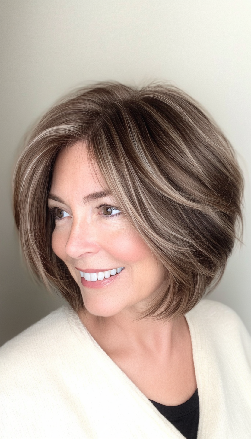 3. Stacked Bob in Ash Brown (Short Layered Bob Hairstyles For Older Women) - Short Layered Bob Hairstyles For Older Women