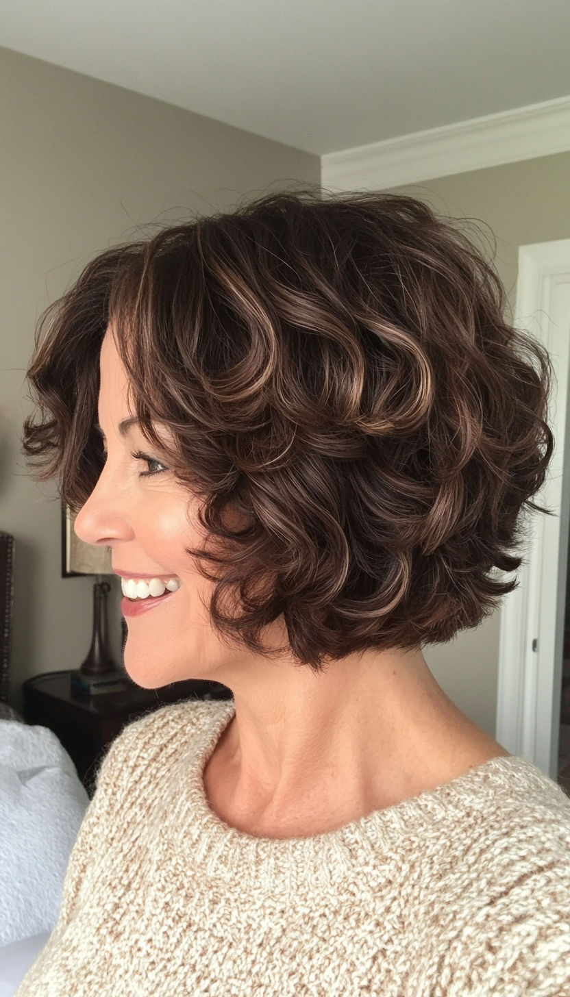 5. Curly Bob with Dark Chocolate Undertones (Short Layered Bob Hairstyles For Older Women) - Short Layered Bob Hairstyles For Older Women