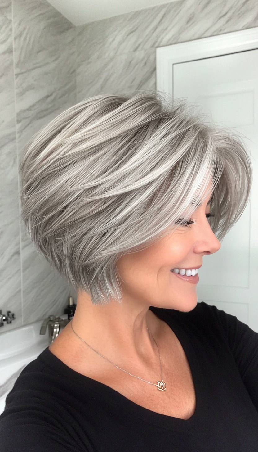6. Layered Pixie-Bob in Silver Grey (Short Layered Bob Hairstyles For Older Women) - Short Layered Bob Hairstyles For Older Women