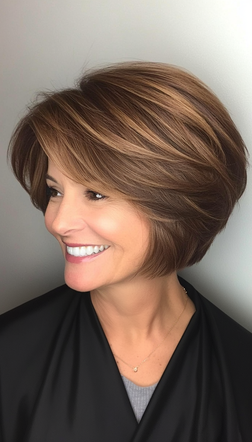 8. Side-Swept Bob with Chestnut Layers (Short Layered Bob Hairstyles For Older Women) - Short Layered Bob Hairstyles For Older Women