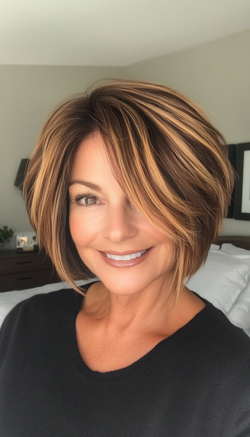 13. Graduated Bob in Caramel Highlights (Short Layered Bob Hairstyles For Older Women) - Short Layered Bob Hairstyles For Older Women