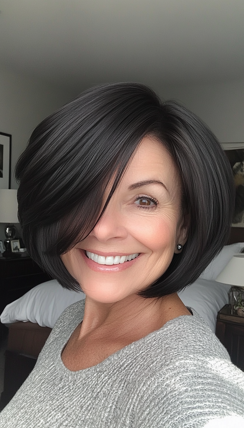 15. Softly Layered Bob in Cool Black (Short Layered Bob Hairstyles For Older Women) - Short Layered Bob Hairstyles For Older Women