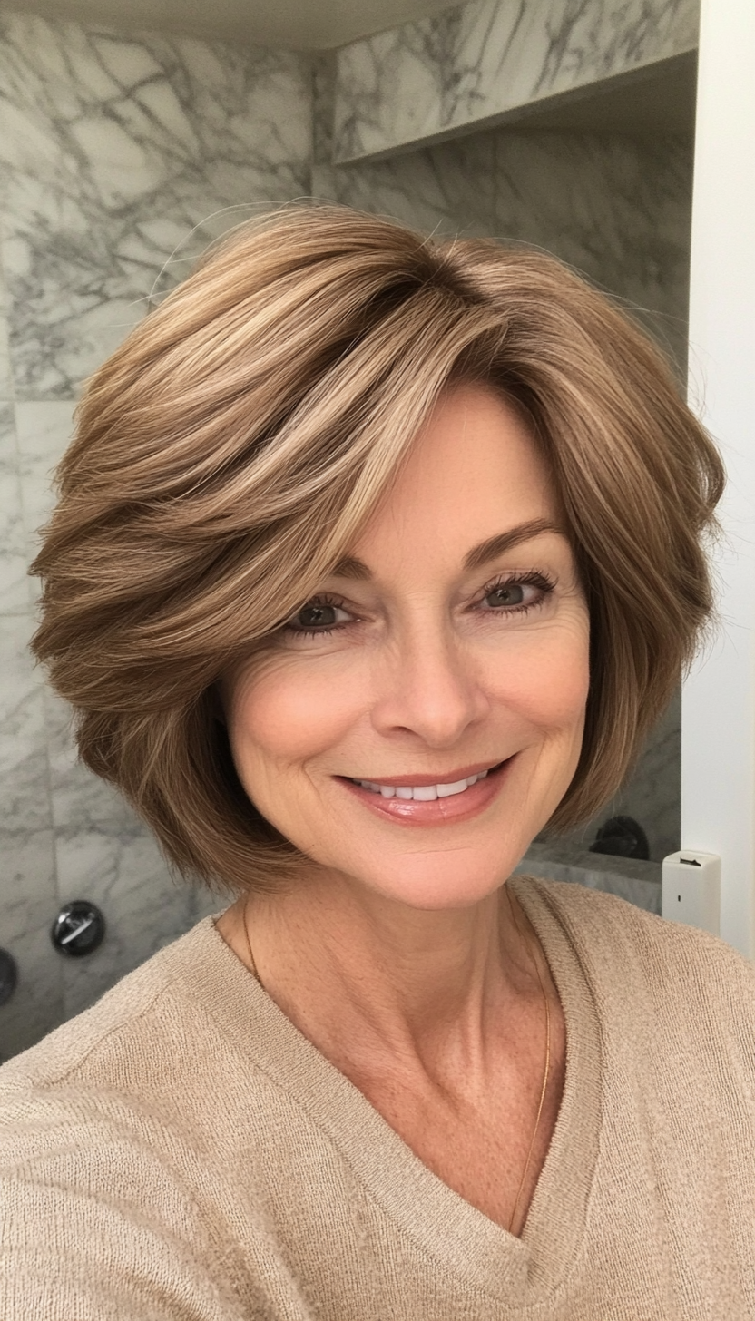 16. Voluminous Bob in Light Chestnut Brown (Short Layered Bob Hairstyles For Older Women) - Short Layered Bob Hairstyles For Older Women