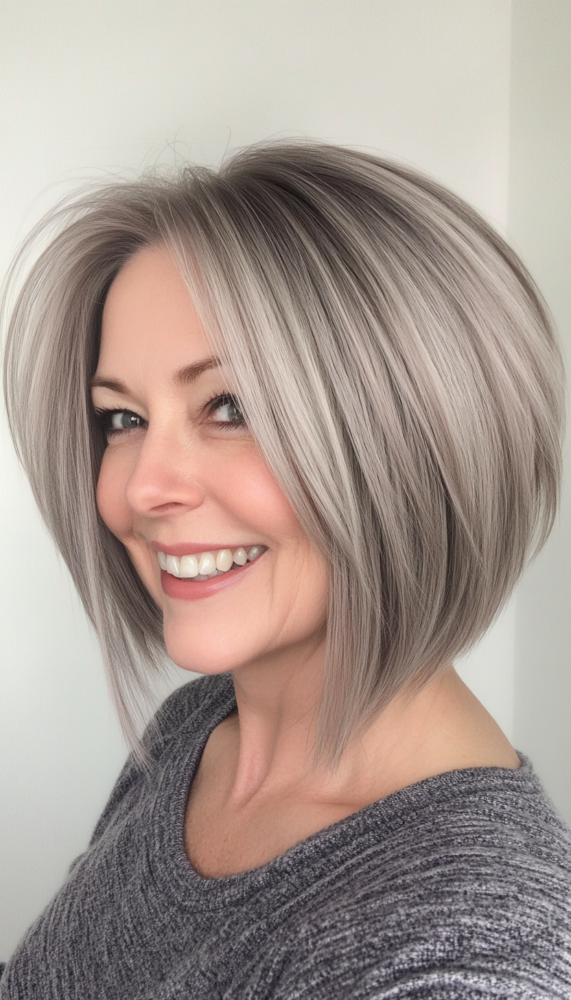 17. Angled Bob in Neutral Grey (Short Layered Bob Hairstyles For Older Women) - Short Layered Bob Hairstyles For Older Women