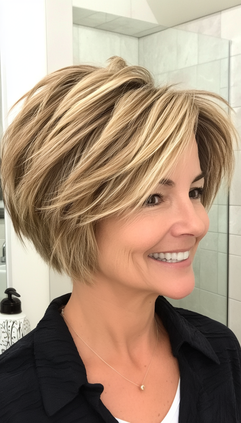 18. Layered Crop with Golden Blonde Accents (Short Layered Bob Hairstyles For Older Women) - Short Layered Bob Hairstyles For Older Women